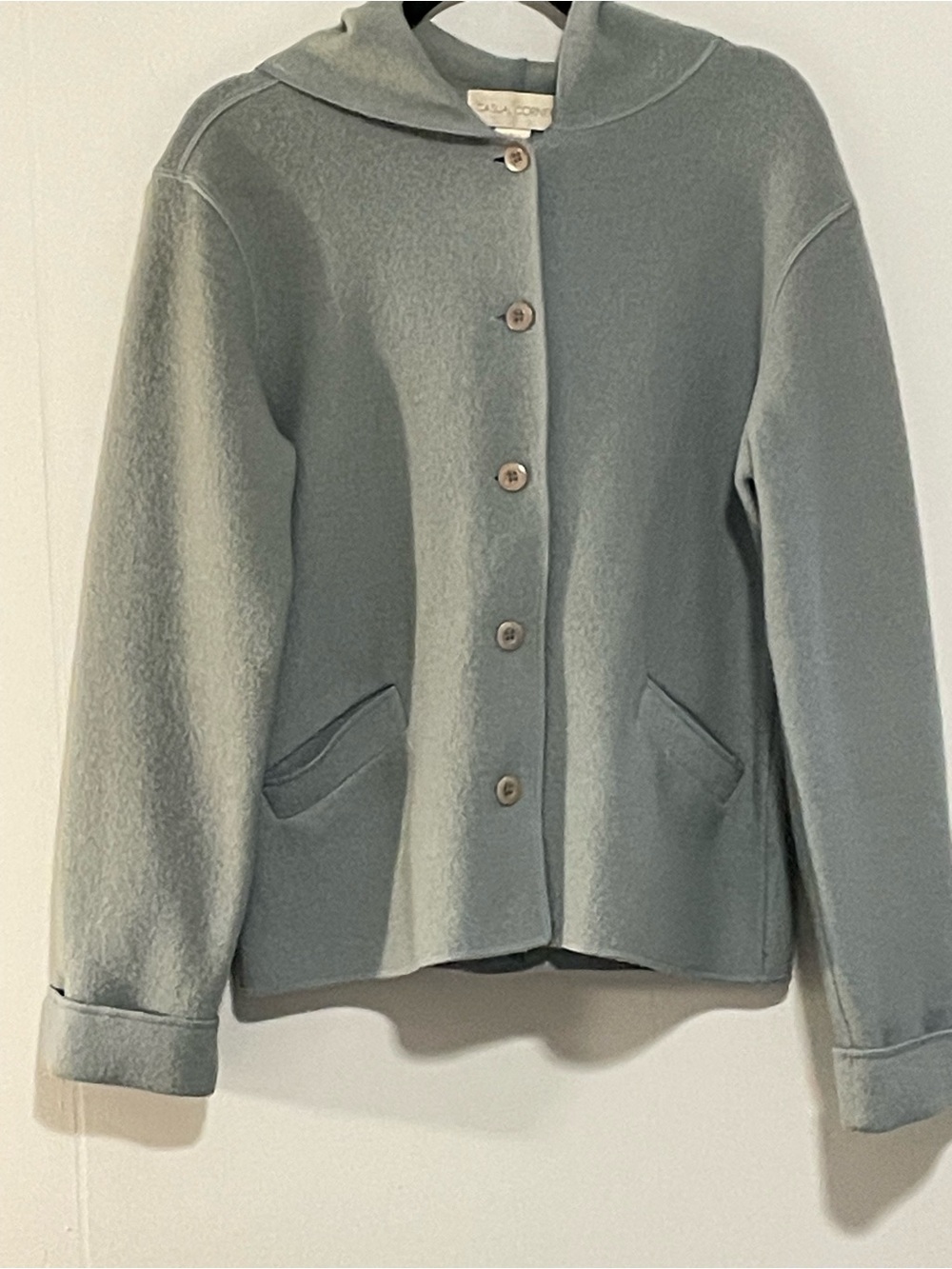 Women's 100% Inch Wool Hooded Button Front Coatigan in Sage. Item # 11504